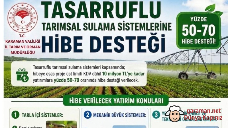 Karaman'da Tasarruflu Tarımsal Sulama Sistemlerine Hibe Desteği Başvuruları Sürüyor