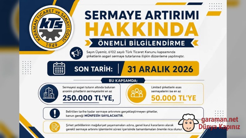 Karaman TSO: Şirketler Sermaye Artırımını 2026'ya Kadar Yapm